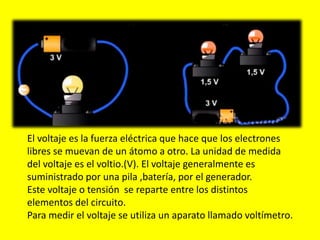 El voltaje es la fuerza eléctrica que hace que los electrones
libres se muevan de un átomo a otro. La unidad de medida
del voltaje es el voltio.(V). El voltaje generalmente es
suministrado por una pila ,batería, por el generador.
Este voltaje o tensión se reparte entre los distintos
elementos del circuito.
Para medir el voltaje se utiliza un aparato llamado voltímetro.
 