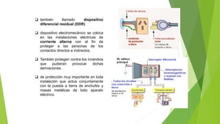  también llamado dispositivo
diferencial residual (DDR)
 dispositivo electromecánico se coloca
en las instalaciones eléctricas de
corriente alterna con el fin de
proteger a las personas de los
contactos directos e indirectos.
 También protegen contra los incendios
que pudieran provocar dichas
derivaciones.
 de protección muy importante en toda
instalación que actúa conjuntamente
con la puesta a tierra de enchufes y
masas metálicas de todo aparato
eléctrico.
 