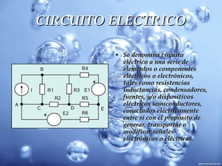 CIRCUITO ELECTRICO Se denomina circuito eléctrico a una serie de elementos o componentes eléctricos o electrónicos, tales como resistencias inductancias, condensadores, fuentes, y/o dispositivos eléctricos semiconductores, conectados eléctricamente entre sí con el propósito de generar, transportar o modificar señales electrónicas o eléctricas.  