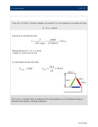 103 / 107
TX-TEP-0002
9. Circuitos Trifásicos
• Con red 127/230 V, conexión triángulo, los valores U e I de la potencia, son valores de línea.
P= √3. U. I Cos φ
Cálculo de la corriente de línea:
Reemplazando en P= √3. U. I cos φ
11000=√3 .230 V.34.5 A. 0.8
En cada bobina de fase del motor:
Conclusión: en ambos casos, la máquina da la misma potencia y en las bobinas de fase se
tiene la misma tensión, corriente y potencia.
 