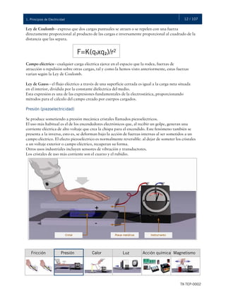 12 / 107
TX-TEP-0002
1. Principios de Electricidad
Ley de Coulomb - expresa que dos cargas puntuales se atraen o se repelen con una fuerza
directamente proporcional al producto de las cargas e inversamente proporcional al cuadrado de la
distancia que las separa.
Campo eléctrico - cualquier carga eléctrica ejerce en el espacio que la rodea, fuerzas de
atracción o repulsión sobre otras cargas, tal y como la hemos visto anteriormente, estas fuerzas
varían según la Ley de Coulomb.
Ley de Gauss - el flujo eléctrico a través de una superficie cerrada es igual a la carga neta situada
en el interior, dividida por la constante dieléctrica del medio.
Esta expresión es una de las expresiones fundamentales de la electrostática, proporcionando
métodos para el cálculo del campo creado por cuerpos cargados.
Presión (piezoelectricidad)
Se produce sometiendo a presión mecánica cristales llamados piezoeléctricos.
El uso más habitual es el de los encendedores electrónicos que, al recibir un golpe, generan una
corriente eléctrica de alto voltaje que crea la chispa para el encendido. Este fenómeno también se
presenta a la inversa, esto es, se deforman bajo la acción de fuerzas internas al ser sometidos a un
campo eléctrico. El efecto piezoeléctrico es normalmente reversible: al dejar de someter los cristales
a un voltaje exterior o campo eléctrico, recuperan su forma.
Otros usos industriales incluyen sensores de vibración y transductores.
Los cristales de uso más corriente son el cuarzo y el rubidio.
F=K(q₁xq₂)/r²
Calor Luz Acción química Magnetismo
Fricción Presión
 