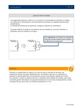 36 / 107
TX-TEP-0002
3. Circuitos Eléctricos
¿Cómo se mide el voltaje?
Las magnitudes básicas a medir en un circuito son la intensidad de corriente y el voltaje.
La medida de la intensidad de corriente eléctrica se efectúa con aparatos denominados
amperímetros.
La medida de diferencias de potencial o voltajes se efectúa con voltímetros.
Si quiere medirse el voltaje en los extremos de una resistencia, se ha de intercalar un
voltímetro como se muestra en la figura
ATENCIÓN
Para que un amperímetro no altere el circuito en que se intercala ha de tener una
resistencia interna muy baja, idealmente cero. Al contrario, para que un voltímetro no
perturbe la medida debe tener una resistencia interna muy elevada, idealmente infinita.
En ocasiones, cuando se dispone sólo de un voltímetro como aparato de medida, para medir
corrientes puede intercalarse una pequeña resistencia (r) en la rama correspondiente y medir
el voltaje (V) que cae en ella. La corriente resultante es: I= V/r.
 