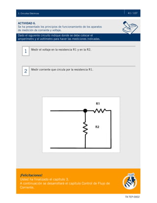41 / 107
TX-TEP-0002
3. Circuitos Eléctricos
ACTIVIDAD 6.
Se ha presentado los principios de funcionamiento de los aparatos
de medición de corriente y voltaje.
Dado el siguiente circuito indique donde se debe colocar el
amperímetro y el voltímetro para hacer las mediciones indicadas.
¡Felicitaciones!
Usted ha finalizado el capítulo 3.
A continuación se desarrollará el capítulo Control de Flujo de
Corriente.
Medir el voltaje en la resistencia R1 y en la R2.
1
Medir corriente que circula por la resistencia R1.
2
 
