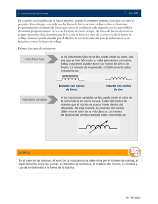 54 / 107
TX-TEP-0002
4. Control de Flujo de Corriente
De acuerdo con la gráfica de la figura anterior, cuando la corriente empieza a circular, su valor es
pequeño. Sin embargo, a medida que las líneas de fuerza se mueven hacia afuera, disminuye
progresivamente el número de líneas que cortan al conductor cada segundo, por lo que también
disminuye progresivamente la f.c.e.m. Después de cierto tiempo, las líneas de fuerza alcanzan su
mayor expansión, deja de producirse la f.c.e.my la única f.e.men el circuito es la de la fuente de
voltaje. Entonces puede circular por el alambre la corriente máxima pues la inductancia ya no
reacciona contra la fuente de voltaje.
Existen dos tipos de inductores:
A los inductores fijos no se les puede variar su valor, una
vez que se han fabricado su valor permanece constante.
Estos inductores pueden tener un núcleo de aire o de
hierro. La manera de representar simbólicamente estos
inductores es:
Inductores fijos
Inductor con núcleo
de hierro
Inductor con núcleo
de aire
A los inductores variables se les puede variar el valor de
la inductancia en cierta escala. Están fabricados de
manera que el núcleo se pueda mover dentro del
devanado. De esta manera, la posición del núcleo
determina el valor de la inductancia. La manera
de representar simbólicamente estos inductores es:
Inductores variables
En el caso de las bobinas, el valor de la inductancia se determina por el número de vueltas, el
espaciamiento entre las vueltas, el diámetro de la bobina, el material del núcleo, el número y
tipo de embobinado y la forma de la bobina.
EJEMPLO
 