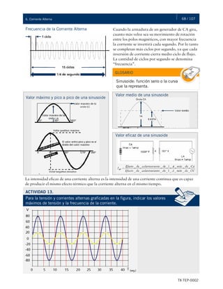 68 / 107
TX-TEP-0002
6. Corriente Alterna
Cuando la armadura de un generador de CA gira,
cuanto más veloz sea su movimiento de rotación
entre los polos magnéticos, con mayor frecuencia
la corriente se invertirá cada segundo. Por lo tanto
se completan más ciclos por segundo, ya que cada
inversión de corriente cierra medio ciclo de flujo.
La cantidad de ciclos por segundo se denomina
“frecuencia”.
Frecuencia de la Corriente Alterna
GLOSARIO
Sinusoide: función seno o la curva
que la representa.
Valor máximo y pico a pico de una sinusoide
Valor medio de una sinusoide
Valor eficaz de una sinusoide
ACTIVIDAD 13.
Para la tensión y corrientes alternas graficadas en la figura, indicar los valores
máximos de tensión y la frecuencia de la corriente.
La intensidad eficaz de una corriente alterna es la intensidad de una corriente continua que es capaz
de producir el mismo efecto térmico que la corriente alterna en el mismo tiempo.
 