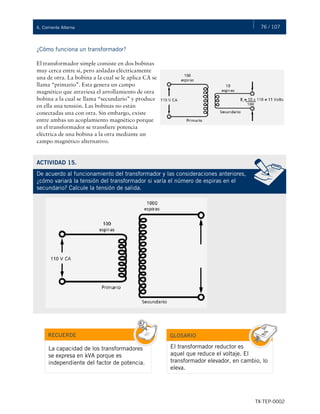 76 / 107
TX-TEP-0002
6. Corriente Alterna
¿Cómo funciona un transformador?
El transformador simple consiste en dos bobinas
muy cerca entre sí, pero aisladas eléctricamente
una de otra. La bobina a la cual se le aplica CA se
llama “primario”. Esta genera un campo
magnético que atraviesa el arrollamiento de otra
bobina a la cual se llama “secundario” y produce
en ella una tensión. Las bobinas no están
conectadas una con otra. Sin embargo, existe
entre ambas un acoplamiento magnético porque
en el transformador se transfiere potencia
eléctrica de una bobina a la otra mediante un
campo magnético alternativo.
ACTIVIDAD 15.
De acuerdo al funcionamiento del transformador y las consideraciones anteriores,
¿cómo variará la tensión del transformador si varía el número de espiras en el
secundario? Calcule la tensión de salida.
RECUERDE
La capacidad de los transformadores
se expresa en kVA porque es
independiente del factor de potencia.
GLOSARIO
El transformador reductor es
aquel que reduce el voltaje. El
transformador elevador, en cambio, lo
eleva.
 