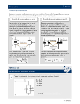 85 / 107
TX-TEP-0002
7. Condensadores
Conexión de condensadores
Cuando se conectan condensadores en serie o en paralelo, el efecto sobre la capacidad es opuesto al
de las resistencias si estuvieran conectadas de la misma manera en el circuito.
La conexión de las resistencias en serie
aumenta la resistencia total porque
prolonga el camino de resistencia por el
cual debe circular la corriente, mientras
que la conexión de condensadores en serie
disminuye la capacidad total porque en
realidad aumenta el espacio entre las
placas.
Para determinar la capacidad total de
condensadores conectados en serie se
aplica una fórmula similar a la que regía
para las resistencias en paralelo.
Conexión de condensadores en serie
Cuando se conectan resistencias en
paralelo, la resistencia total disminuye
porque la superficie transversal por la cual
puede circular la corriente aumenta. En los
condensadores conectados en paralelo
sucede a la inversa. La capacidad total
aumenta porque la superficie de placa que
recibe carga es mayor.
La capacidad total de condensadores en
paralelo se halla sumando los valores de los
distintos condensadores que están en
paralelo.
Conexión de condensadores en parlelo
ACTIVIDAD 18.
Por favor resuelva la siguiente actividad:
Para el circuito de la figura, determine la capacidad total del circuito.
1
C1= 5mF
C2= 2mF
C3= 3mF
C4= 4mF
Ctotal = …………………………
 