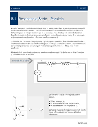 88 / 107
TX-TEP-0002
8. Impedancia
Resonancia Serie - Paralelo
8.1
Cuando resistencia e inductancia están en serie, la oposición total no se puede determinar sumando
estos dos valores directamente. La reactancia inductiva hace que la intensidad sufra un retraso de
90° con respecto al voltaje, mientras que en la resistencia pura el voltaje y la intensidad están en
fase. Por lo tanto, el efecto de la reactancia inductiva en combinación con el efecto de la resistencia
se demuestra dibujando ambos valores en ángulo recto entre sí.
Asimismo, si el circuito se compone de un capacitor y una resistencia, la reactancia capacitiva hace
que la intensidad esté 90° adelantada con respecto al voltaje. En este caso, ambos valores también se
representan por vectores con un ángulo recto entre sí, pero la tensión se dibuja en el cuarto
cuadrante.
El cálculo de la impedancia varía según los elementos Resistencia (R), Inductancia (L) y Capacitor
(C) estén en serie o en paralelo.
Circuitos R-L-C Serie
La corriente Ief que circula produce tres
caídas:
• VR en fase con Ief,
• VL adelantada 90º con respecto a Ief,
• VC atrasada 90º con respecto a Ief.
La figura muestra el diagrama vectorial, con Ief
como referencia por ser común a los tres
elementos.
 