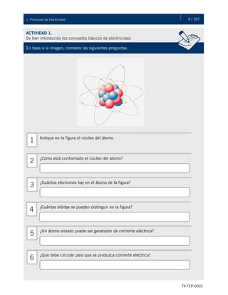 9 / 107
TX-TEP-0002
1. Principios de Electricidad
ACTIVIDAD 1.
Se han introducido los conceptos básicos de electricidad.
En base a la imagen, conteste las siguientes preguntas.
Indique en la figura el núcleo del átomo.
1
¿Cómo está conformado el núcleo del átomo?
2
¿Cuántos electrones hay en el átomo de la figura?
3
¿Cuántas órbitas se pueden distinguir en la figura?
4
¿Un átomo aislado puede ser generador de corriente eléctrica?
5
¿Qué debe circular para que se produzca corriente eléctrica?
6
 