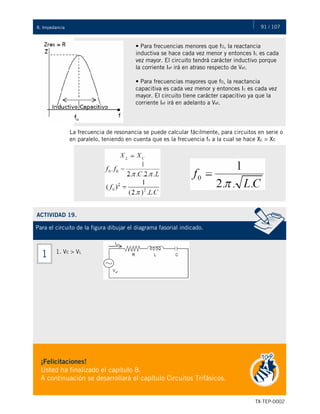 91 / 107
TX-TEP-0002
8. Impedancia
• Para frecuencias menores que f0, la reactancia
inductiva se hace cada vez menor y entonces IL es cada
vez mayor. El circuito tendrá carácter inductivo porque
la corriente Ief irá en atraso respecto de Vef.
• Para frecuencias mayores que f0, la reactancia
capacitiva es cada vez menor y entonces Ic es cada vez
mayor. El circuito tiene carácter capacitivo ya que la
corriente Ief irá en adelanto a Vef.
La frecuencia de resonancia se puede calcular fácilmente, para circuitos en serie o
en paralelo, teniendo en cuenta que es la frecuencia fo a la cual se hace XL = XC
ACTIVIDAD 19.
Para el circuito de la figura dibujar el diagrama fasorial indicado.
1. VC > VL
1
¡Felicitaciones!
Usted ha finalizado el capítulo 8.
A continuación se desarrollará el capítulo Circuitos Trifásicos.
 