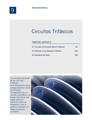 9.1 Circuitos de Corriente Alterna Trifásicos
9.2 Potencia en los Sistemas Trifásicos
9.3 Secuencia de Fases
La principal aplicación
de los circuitos
trifásicos
es la distribución de la
energía eléctrica. Entre
las ventajas,
comparando con un
circuito monofásico, se
puede mencionar una
mayor potencia,
menores costos de
transporte y que la
potencia enviada a la
carga es siempre
constante.
93
100
106
9
Electricidad Básica
Circuitos Trifásicos
TEMAS DEL CAPÍTULO 9
 
