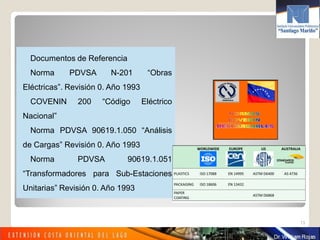 Documentos de Referencia
Norma PDVSA N-201 “Obras
Eléctricas”. Revisión 0. Año 1993
COVENIN 200 “Código Eléctrico
Nacional”
Norma PDVSA 90619.1.050 “Análisis
de Cargas” Revisión 0. Año 1993
Norma PDVSA 90619.1.051
“Transformadores para Sub-Estaciones
Unitarias” Revisión 0. Año 1993
13
 