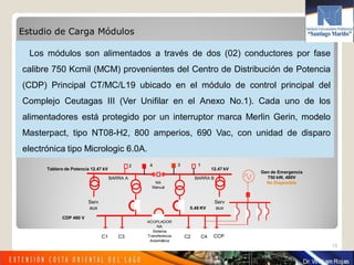 Los módulos son alimentados a través de dos (02) conductores por fase
calibre 750 Kcmil (MCM) provenientes del Centro de Distribución de Potencia
(CDP) Principal CT/MC/L19 ubicado en el módulo de control principal del
Complejo Ceutagas III (Ver Unifilar en el Anexo No.1). Cada uno de los
alimentadores está protegido por un interruptor marca Merlin Gerin, modelo
Masterpact, tipo NT08-H2, 800 amperios, 690 Vac, con unidad de disparo
electrónica tipo Micrologic 6.0A.
15
Estudio de Carga Módulos
Tablero de Potencia 12.47 kV
BARRA A
12.47 kV
BARRA B
C1 C3 C2 C4 CCP
Serv
aux
Serv
aux
ACOPLADOR
NA
Sistema
Transferencia
Automática
2 34 1
0.48 KV
Gen de Emergencia
750 kW, 480V
No Disponible
CDP 480 V
NA
Manual
 