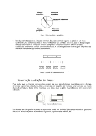 Figura - Pólos magnéticos e geográficos



•   Não é possível separar os pólos de um íman. Se pretendermos separar os pólos de um íman
    quebrando uma barra magnética ao meio, verificamos que tal não é possível, pois os dois pedaços
    obtidos comportam-se como dois ímanes completos. Se continuássemos a fazer divisões
    sucessivas, obteríamos sempre o mesmo resultado. A constatação deste facto sugere a hipótese de
    um íman ser formado por ímanes elementares.




                                  Figura - Formação de ímanes elementares




       Conservação e aplicações dos ímanes
Para evitar que os ímanes permanentes percam as suas características magnéticas com o tempo,
devem-se suprimir os pólos livres, isto é, devem-se unir os pólos por meio de uma barra de aço macio
chamada armadura. Desta forma neutraliza-se a acção que os pólos magnéticos da terra exerceriam
sobre ele.




                                      Figura - Conservação dos ímanes



Os ímanes têm um grande número de aplicações como por exemplo: pequenos motores e geradores
eléctricos, fechos de portas de armários, frigoríficos, aparelhos de medida, etc.
 