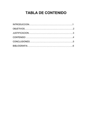 TABLA DE CONTENIDO


INTRODUCCION……………………………………………………..1

OBJETIVOS……………………………………………………………2

JUSTIFICACION………………………………………………………3

CONTENIDO ………………………………………………………….4

CONCLUSIONES……………………………………………………..5

BIBLIOGRAFIA………………………………………………………..6
 