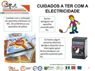 CUIDADOS A TER COM A
ELECTRICIDADE
Cuidado com a utilização
de aparelhos eléctricos no
WC. De preferência usa
aparelhos de pilhas.
Nunca
desligues um
aparelho
puxando pelo
fio.
Se fizeres algum
conserto eléctrico,
desliga o disjuntor ou o
interruptor geral.
Nunca desligues um
aparelho puxando pelo
fio
5
 