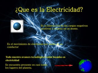 ¿Que es la Electricidad?
Es la interacción de las cargas negativas
positivas y neutras en un átomo.
Se encuentra presente en casi todos
los lugares del planeta.
Es el movimiento de electrones por medio de un
conductor
Todo nuestro avances tecnológicos están basados en
electricidad
 