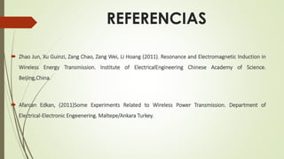 REFERENCIAS
 Zhao Jun, Xu Guinzi, Zang Chao, Zang Wei, Li Hoang (2011). Resonance and Electromagnetic Induction in
Wireless Energy Transmission. Institute of ElectricalEngineering Chinese Academy of Science.
Beijing,China.
 Afarcan Edkan, (2011)Some Experiments Related to Wireless Power Transmission. Department of
Electrical-Electronic Engeenering. Maltepe/Ankara Turkey.
 