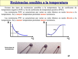 37
Existen dos tipos de resistencias sensibles a la temperatura: las de coeficiente de
temperatura negativo (NTC) y las de coeficiente de temperatura positivo (PTC).
NTC
PTC
Varios tipos de
termistencias
Las resistencias PTC se caracterizan por variar su valor óhmico en razón directa a la
temperatura. Así, a menor temperatura presentan mayor resistencia.
Las resistencias NTC se caracterizan por variar su valor óhmico en razón inversa a la
temperatura. Así, a mayor temperatura presentan menor resistencia.
Resistencias sensibles a la temperatura
Resistencias sensibles a la temperatura
 