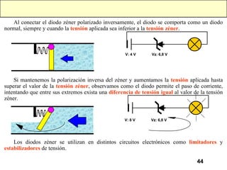 44
Al conectar el diodo zéner polarizado inversamente, el diodo se comporta como un diodo
normal, siempre y cuando la tensión aplicada sea inferior a la tensión zéner.
Vz: 6,8 V
V: 4 V
Si mantenemos la polarización inversa del zéner y aumentamos la tensión aplicada hasta
superar el valor de la tensión zéner, observamos como el diodo permite el paso de corriente,
intentando que entre sus extremos exista una diferencia de tensión igual al valor de la tensión
zéner.
Vz: 6,8 V
V: 8 V
Los diodos zéner se utilizan en distintos circuitos electrónicos como limitadores y
estabilizadores de tensión.
 