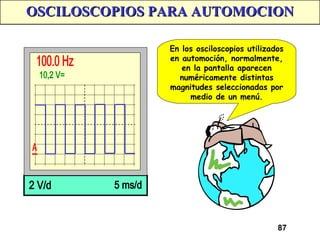 87
OSCILOSCOPIOS PARA AUTOMOCION
OSCILOSCOPIOS PARA AUTOMOCION
En los osciloscopios utilizados
en automoción, normalmente,
en la pantalla aparecen
numéricamente distintas
magnitudes seleccionadas por
medio de un menú.
 