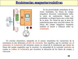 Un circuito electrónico, integrado en el sensor, transforma las variaciones de la resistencia en dos diferentes  niveles de corriente . Eso significa, que la corriente  cae al aumentar la resistencia  del elemento sensor en virtud de la orientación que tienen las líneas del campo magnético que lo recorren. La intensidad de la corriente  aumenta  en cuanto se  reduce la resistencia  por invertirse la dirección de las líneas de campo, y viceversa. En las proximidades inmediatas de las zonas imantadas, las líneas de campo magnético discurren verticalmente sobre la pista de exploración. Según su polaridad, se dirigen hacia uno u otro lado de la pista. En virtud de que la pista de exploración pasa muy cerca del sensor, las líneas del campo magnético traspasan también el sensor e influyen sobre su  resistencia . Resistencias magnetorresistivas 
