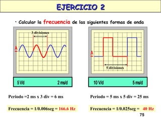 EJERCICIO 2 Calcular la  frecuencia  de las siguientes formas de onda 5 V/d 2 ms/d 10 V/d 5 ms/d Periodo =2 ms x 3 div = 6 ms Periodo = 5 ms x 5 div = 25 ms Frecuencia = 1/0.006seg =  166.6 Hz Frecuencia = 1/0.025seg =  40 Hz A A 3 divisiones 5 divisiones 