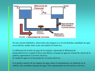 En este circuito hidráulico, observamos dos tanques (a y b) con distintas cantidades de agua
en su interior, unidos entre sí por una cañería (Conductor).
La diferencia de niveles de agua de los tanques, representa la diferencia de
potencial(Tensión) Cuando la llave está abierta, el pasaje de agua de A hacia B a través de la
cañería, representa la Corriente eléctrica.
El caudal de agua es la Intensidad de corriente eléctrica.
Si al grafico anterior de los tanques de agua, ahora le interponemos un obstáculo en la
cañería, éste retardaría el pasaje de agua. Esto representaría una Resistencia eléctrica.
 