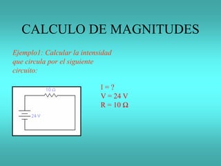 CALCULO DE MAGNITUDES
Ejemplo1: Calcular la intensidad
que circula por el siguiente
circuito:
I = ?
V = 24 V
R = 10 Ω
 