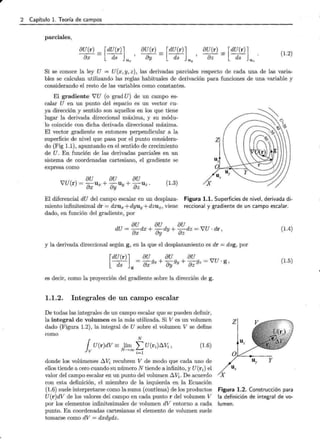r 2 Capítulo l. Teoría de campos
parciales,
aU(r) = [dU(r)] aU(r) = [dU(r)] aU(r) = [dU(r)] (1.2)
aX - dS U :¡; ! ay - dS Uy l az - ds U z •
Si se conoce la ley U = U(x, y , z), las derivadas parciales respecto de cada una de las varia-
bles se calculan utilizando las reglas habituales de derivación para funciones de una variable y
considerando el resto de las variables como constantes.
El gradiente 7U (o grad U) de un campo es-
calar U en un punto del espacio es un vector cu-
ya dirección y sentido son aquellos en los que tiene
lugar la derivada direccional máxima, y su módu-
lo coincide con dicha derivada direccional máxima.
El vector gradiente es entonces perpendicular a la
superficie de nivel que pasa por el punto considera-
do (Fig 1.1), apuntando en el sentido de crecimiento
de U. En función de las derivadas parciales en un
sistema de coordenadas cartesiano, el gradiente se
expresa como
(1.3) X
El diferencial dU del campo escalar en un desplaza-
miento infinitesimal dr = dxux +dyuy +dzuz, viene
dado, en función del gradiente, por
Figura 1.1. Superficies de nivel, derivada di-
reccional y gradiente de un campo escalar.
aU aU aU
dU = -dx + -dy + -dz =!U· dr
ax ay az )
(1.4)
y la derivada direccional según g, en la que el desplazamiento es dr = dsg, por
(1.5)
es decir, como la proyección del gradiente sobre la dirección de g.
1.1.2. Integrales de un campo escalar
De todas las integrales de un campo escalar que se pueden definir,
la integral de volumen es la más utilizada. Si V es un volumen z
dado (Figura 1.2), la integral de U sobre el volumen V se define
como
N
rU(r)dV = lím L U(ri) LJ.Vi)
Jv N--->oo
i =l
(1.6)
donde los volúmenes LJ.Vi recubren V de modo que cada uno de
ellos tiende a cero cuando su número N tiende a infinito, y U(ri) el
valor del campo escalar en un punto del volumen LJ.Vi. De acuerdo
con esta definición, el miembro de la izquierda en la Ecuación
(1.6) suele interpretarse como la suma (continua) de los productos
U(r)dV de los valores del campo en cada punto r del volumen V
por los elementos infinitesimales de volumen dV entorno a cada
punto. En coordenadas cartesianas el elemento de volumen suele
tomarse como dV = dxdydz.
Figura 1.2. Construcción para
la definición de integral de vo-
lumen.
 
