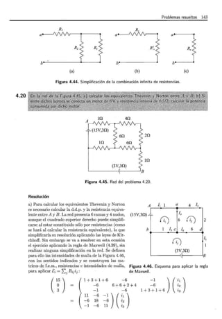 4.20
Problemas resueltos 143
a
Resolución
R¡ R¡
a a
Re
b------
(a) (b) (e)
Figura 4.44. Simplificación de la combinación infinita de resistencias.
In 4n
2n
In
Figura 4.45. Red del problema 4.20.
A l¡ 1 a 4
14
(15V,3n)-,
fi:) 6 rt:)
bl 1 / 5 e 16
ti;)
(3V,3Q)
L--------1 f----
6
/2
12
d
/3
lB
a) Para calcular los equivalentes Thevenin y Norton
es necesario calcular la d.d.p. y la resistencia equiva-
lente entre A y B. La red presenta 6 ramas y 4 nudos,
aunque el cuadrado superior derecho puede simplifi-
carse al estar constituido sólo por resistencias (como
se hará al calcular la resistencia equivalente), lo que
simplificaría su resolución aplicando las leyes de Kir-
chhoff. Sin embargo se va a resolver en esta ocasión
el ejercicio aplicando la regla de Maxwell (4.39), sin
realizar ninguna simplificación en la red. Se definen
para ello las intensidades de malla de la Figura 4.46,
con los sentidos indicados y se construyen las ma-
trices de f.e.m., resistencias e intensidades de malla,
para aplicar Ei = ¿ 1
Ri1i1 :
Figura 4.46. Esquema para aplicar la regla
de Maxwell.
(~)
1+3+1+6
-6
-6
6+6+2+4
11
-6
-1
-1
-6
18
-6
-6
-1 ) ( ~1 )
-6 ~2
11 i3
)(::)
-1
-6
1+3+1+6
 