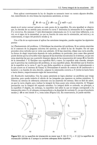 5.2. Forma integral de las ecuaciones 155
Para aplicar correctamente la ley de Ampere es necesario tener en cuenta algunos detalles.
Así, reescribiendo de otra forma las expresiones anteriores, se tiene:
j B · dl = J.Lo { j · dS = ¡..¿0 { j · ndS = J.Lol,
~s Js ls
(5.5)
siendo n el vector normal unitario en cada punto de la superficie. En esta igualdad se observa
que, la elección de un sentido para recorrer la curva r determina la orientación de la superficie
S y viceversa. En resumen: r está directamente relacionada con S, lo cual tiene influencia, a su
vez, en el signo de la intensidad, ya que en función de como sea la orientación, así será n y, en
consecuencia, el signo del producto escalar j · n.
Con el fin de no equivocarse al aplicar las anteriores integrales, pueden seguirse las siguientes
pautas:
(a) Planteamiento del problema. 1) Estúdiense las simetrías del problema. Si no existen simetrías
en el contexto de la pregunta concreta del ejercicio, no utilice la ley de Ampere. En tal caso
proceden otros métodos que se verán mas adelante. 2) Si hay simetrías, elíjase una curva sencilla.
La forma de elegir trayectoria depende de cada problema en particular, pero como idea general
puede decirse que la curva debe tener algunas de las simetrías encontradas en el sistema, ya que son
estas simetrías las que van a permitir despejar alguna de las componentes del campo B en función
de la intensidad J. 3) Escójase una superficie fácil y suave. La superficie más cómoda, siempre
que lo permitan las condiciones del problema, es una superficie plana. Recuérdese que la frontera
de la superficie es la curva r, por lo que dicha superficie es siempre abierta (contrariamente a
lo que ocurre en el teorema de Gauss) 4) Determínese el sentido de avance de dl (antihorario u
horario) y en función de esta elección, asígnese la orientación correcta a S (vector n hacia fuera
o hacia dentro, respectivamente-regla del sacacorchos).
(b) Resolución matemática. Con los pasos anteriores se logra plantear un problema que tenga
simetrías, pero queda todavía el cálculo de las integrales que aparecen en ambos miembros. 1)
Tómese un sistema de referencia coherente con las simetrías del sistema. Esto es fácil de saber,
ya que la curva elegida para realizar la integral de línea posee esta misma simetría. 2) Téngase
precaución con la integral del segundo miembro. La integral doble se extiende, en principio, a
la superficie S elegida, sin embargo, la superficie real sobre la que se integra corresponde a la
intersección entre S y el volumen correspondiente a la densidad de corriente Vj , ya que el producto
escalar j · dS es cero donde S o j sean nulas (Figura 5.2). En consecuencia, se puede escribir:
V.
J
(a) (b)

~
~ r
Slllj= S
(e)
j
Figura 5.2. (a) La superficie de intersección es menor que S. (b) S n Vj =S. (e) La superficie de
intersección también es S aunque la corriente sobrepasa dicha superficie.
 