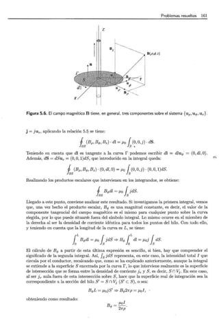 Problemas resueltos 161
1
1
z
Bz
B(p,~ z)
Figura 5.6. El campo magnético B tiene, en general, tres componentes sobre el sistema {up, uq,, Uz}.
j = juz, aplicando la relación 5.5 se tiene:
1 (Bp , Bq,, Bz) · dl = J-Lo { (0, O,j) · dS.
~as ls .
Teniendo en cuenta que dl es tangente a la curva r podemos escribir dl
Además, dS = dSuz = (0, O, 1)dS, que introducido en la integral queda:
1 (Bp, Bq,, Bz) · (0, dl ,O) = J-Lo { (0, O, j) · (0, O, 1)dS.
~as ls
dluq,
Realizando los productos escalares que intervienen en los integrandos, se obtiene:
j Bq,dl = J-Lo { jdS.
fas ls
(0, dl, 0).
Llegado a este punto, conviene analizar este resultado. Si investigamos la primera integral, vemos
que, una vez hecho el producto escalar, Bq, es una magnitud constante, es decir, el valor de la
componente tangencial del campo magnético es el mismo para cualquier punto sobre la curva
elegida, por lo que puede situarse fuera del símbolo integral. Lo mismo ocurre en el miembro de
la derecha al ser la densidad de corriente idéntica para todos los puntos del hilo. Con todo ello,
y teniendo en cuenta que la longitud de la curva es L, se tiene:
1LBq,dl = J-Lo fsjdS =? Bq, 1Ldl = p,0 j fsdS.
El cálculo de Bq, a partir de esta última expresión es sencillo, si bien, hay que comprender el
significado de la segunda integral. Así, fs jdS representa, en este caso, la intensidad total I que
circula por el conductor, recalcando que, como se ha explicado anteriormente, aunque la integral
se extiende a la superficie s·encerrada por la curvar, lo que interviene realmente es la superficie
de intersección que se forma entre la densidad de corriente Jv y S, es decir, S n Vj. En este caso,
al·ser Jv nula fuera de esta intersección sobre S, hace que la superficie real de integración sea la
correspondiente a la sección del hilo S' = S n Vj (S' e S) , o sea:
obteniendo como resultado:
Bq,L = p,ojS' =? Bq,21fp = J-Lol,
Bq, = J-Lol
27rp.
·~
 