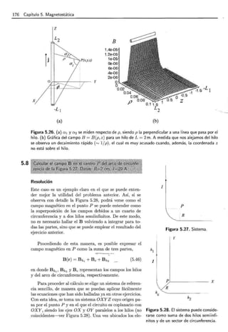 176 Capítulo 5. Magnetostática
5.8
z
y
X
-L 1
(a)
B
K .
0.02 .·
o:o4 ·
0.06
p 0.08
0..11
(b)
Figura 5.26. (a) a 1 y a 2 se miden respecto de p, siendo p la perpendicular a una línea que pasa por el
hilo. (b) Gráfica del campo B = B (p,z) para un hilo de L= 2 m. A medida que nos alejamos del hilo
se observa un decaimiento rápido (rv 1/ p), el cual es muy acusado cuando, además, la coordenada z
no está sobre el hilo.
Resolución
Este caso es un ejemplo claro en el que se puede enten-
der mejor la utilidad del problema anterior. Así, si se
observa con detalle la Figura 5.28, podrá verse como el
campo magnético en el punto P se puede entender como
la superposición de los campos debidos a un cuarto de
circunferencia y a dos hilos semiinfinitos. De este modo,
no es necesario hallar el B volviendo a integrar para to-
das las partes, sino que se puede emplear el resultado del
ejercicio anterior.
Procediendo de esta manera, es posible expresar el
1
p
R
Figura 5.27. Sistema.
y
campo magnético en P como la suma de tres partes, h¡
(5.46)
en donde Bh, , Bh2 y Be representan los campos los hilos
y del arco de circunferencia, respectivamente.
Para proceder al cálculo se elige un sistema de referen-
cia sencillo, de manera que se puedan aplicar fácilmente
las ecuaciones que han sido halladas ya en otros ejercicios.
Con esta idea, se toma un sistema OXYZ cuyo origen pa-
sa por el punto P y en el que el circuito es coplanario con
OXY, siendo los ejes OX y OY paralelos a los hilos (no
,coincidentes-ver Figura 5.28). Una vez ubicados los ele-
1
Pr--------------
R
X
Figura 5.28. El sistema puede conside-
rarse como suma de d0s hilos semiinfi-
nitos y de un sector de circunferencia.
 