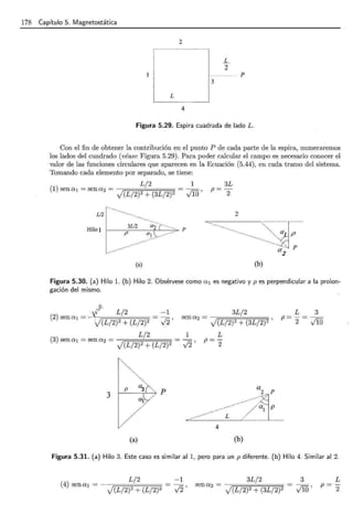 178 Capítulo 5. Magnetostática
2
L
4
L
2
1 p
3
Figura 5.29. Espira cuadrada de lado L.
Con el fin de obtener la contribución en el punto P de cada parte de la espira, numeraremos
los lados del cuadrado (véase Figura 5.29). Para poder calcular el campo es necesario conocer el
valor de las funciones circulares que aparecen en la Ecuación (5.44), en cada tramo del sistema.
Tomando cada elemento por separado, se tiene:
(1) sena1 = sena2 = L/
2
J(L/2)2 + (3L/2)2
L/2
Hilol
(a)
1
v'15'
3L
p=-
2
2
(b)
Figura 5.30. (a) Hilo l. (b) Hilo 2. Obsérvese como a 1 es negativo y pes perpendicular a la prolon-
gación del mismo.
3
-1
J2'
p ~ p
1---'-----r'---+
a¡_////
(a)
sena2 = 3
L/
2
J(L/2)2 + (3L/2)2 '
1
J2'
L
p=-
2
4
(b)
Figura 5.31. (a) Hilo 3. Este caso es similar al 1, pero para un p diferente. (b) Hilo 4. Similar al 2.
L/2
(4) sen al = - J(L/2)2 + (L/2)2
-1
J2'
3L/2
sen a2 = -----;:;=::=~;;:::=:::=;=::::::::::;==;::;;:
J(L/2)2 + (3L/2)2
3
v'15'
L
p =-
2
 