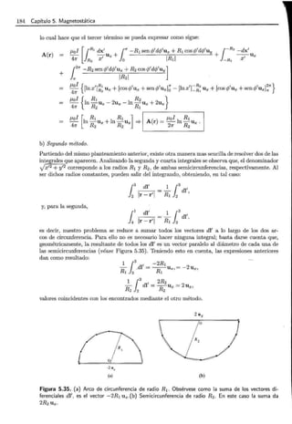 184 Capítulo 5. Magnetostática
lo cual hace que el tercer término se pueda expresar como sigue:
A(r)
Mol [1R1
dx1
11T -R1 senq/dq/ux + R1coscj/dq/uy ¡-R2
-dx
1
- -
1
Ux + + --,-Ux
471" R2 X o IRl l -R¡ X
+
r2
7T - R2 sen <//dq/Ux +R2 cos cf/dq/Uy ]
}1r IR21
~~ { [ln x' )~ ~ Ux + [cos lj>
1
ux + senlj> 1
ux]~- [ln x 1
[~: Ux + [cos</>'ux +senl/>
1
uxJ!7T}
Mol {ln R1
u - 2u - ln R2
u + 2u }
471" R2 X X Rl X X
b) Segundo método.
Partiendo del mismo planteamiento anterior, existe otra manera mas sencilla de resolver dos de las
integrales que aparecen. Analizando la segunda y cuarta integrales se observa que, el denominador
Jx12 + y12 corresponde a los radios R1 y R2 , de ambas semicircunferencias, respectivamente. Al
ser dichos radios constantes, pueden salir del integrando, obteniendo, en tal caso:
- - - =- dl1
¡3
dl
1
1 ¡3
2 Ir- r1
1 R1 2 '
y, para la segunda,
- - - - - dl'
¡l dl1
1 ¡3
4 Ir- r1
1- R1 2 ·
es decir, nuestro problema se reduce a sumar todos los vectores dl1
a lo largo de los dos ar-
cos de circunferencia. Para ello no es necesario hacer ninguna integral; basta darse cuenta que,
geométricamente, la resultante de todos los dl1
es un vector paralelo al diámetro de cada una de
las semicircunferencias (véase Figura 5.35). Teniendo esto en cuenta, las expresiones anteriores
dan como resultado:
1 [
3
1 -2R1
Rl }
2
.dl = ~U x, = -2 Ux,
1 [ 3
1 2R2
R
2
}
2
dl = R
2
Ux = 2 Ux,
valores coincidentes con los encontrados mediante el otro método.
(a) (b)
Figura 5.35. (a) Arco de circunferencia de radio R 1 . Obsérvese como la suma de los vectores di-
ferenciales dl1
, es el vector -2R1 Ux.(b) Semicircunferencia de radio R2 . En este caso la suma da
2R2 Ux.
 