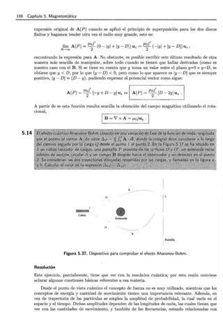 188 Capítulo 5. Magnetostática
5.14
expresión original de A(P) cuando se aplicó el principio de superposición para los dos discos
finitos y hagamos tender otra vez el radio muy grande, esto es:
•/ .,
lím A(P) = /LO] (O- IYI + IY- DI) U z = /LO] ( -IYI + IY- DI) Uz ,
R-><X) 2 2
encontrando la expresión para A. No obstante, es posible escribir este último resultado de otra
manera más sencilla de manipular, sobre todo cuando se tienen que hallar derivadas (como es
nuestro caso con el B. Si se tiene en cuenta que y toma un valor entre el plano y=O e y=D, se
obtiene que y < D, por lo que (y- D) < O, pero como lo que aparece es IY- DI que es siempre
positivo, IY- DI = (D- y), pudiendo expresar el potencial vector como sigue:
11- j' 11- j'
A(P) = +[-y+ D- yJ U z =? A(P) = +[D- 2yj U z .
A partir de se esta función resulta sencilla la obtención del campo magnético utilizando el rota-
cional,
Resolución
1
~ ..
Cañón
B = V x A = p,0j uy .
a
o
Solenoide
o·
b
, Pantalla
Figura 5.37. Dispositivo para comprobar el efecto Aharonov-Bohm.
Este ejercicio, parcialmente, tiene que ver con la mecánica cuántica; por esta razón conviene
aclarar algunas cuestiones básicas referentes a esa materia.
Desde el punto de vista cuántico el concepto de fuerza no es muy utilizado, mientras que los
conceptos de energía y cantidad de movimiento tienen una importancia relevante. Además, en
vez de trayectoria de las partículas se emplea la amplitud de probabilidad, la cual varía en el
espacio y el tiempo. Dichas amplitudes dependen de las longitudes de onda, las cuales tienen que
ver con las cantidades de movimiento, y también de las frecuencias, estando relacionadas con
 