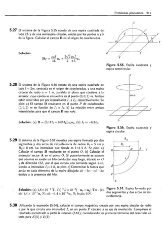 5.27 El sistema de la Figura 5.55 consta de una espira cuadrada de
lado 2L y de una semiespira circular, unidas por los puntos a y b
de la figura. Calcular el campo B en el origen de coordenadas.
Solución:
B = J.Lol 3v'2 ¡.tol
T 4L Ux + 2 7fL Uz
5.28 El sistema de la Figura 5.56 consta de una espira cuadrada de
lado l = 2m, centrada en el origen de coordenadas, y una espira
circular de radio a = 1 m, paralela al plano que contiene a la
anterior, cuyo centro se encuentra en el punto (0,O, 3) m. Ambas
están recorridas por por intensidades[¡ e ! 2 , respectivamente. Se
pide: a) El campo B resultante en el punto P de coordenadas
(0,O, 2) m en función de [¡ e h b) La relación entre ambas
intensidades para que el campo B sea nulo.
Solución: (a) B = (0,17[¡ + 0,05h)J.LoUz; (b) [¡ ~ -0,3h
5.29 El sistema de la Figura 5.57 muestra una espira formada por dos
segmentos y dos arcos de circunferencia de radios R 1= 5 cm y
R2= 8 cm . La intensidad que circula es !=1,5 A. Se pide: a)
Calcular el campo B resultante en el punto O. b) Calcular el
potencial vector A en el punto O. Si posteriormente se supone
que además en existe un hilo conductor muy largo, situado en O
y de dirección OZ, por el que circula una corriente según +oz,
siendo la intensidad [¡ =1 A, se pide: e) Determinar la fuerza que
actúa en cada elemento de la espira dibujada ab - be - cd - da
debido a la presencia del hilo.
Problemas propuestos 211
!Z
" , e
a7!L-- -
e
{
f
Figura 5.55. Espira cuadrada y
espira semicircular.
z
(0,0,2)
/
------~ ~ ---- ~ ~-- ------~----y
X
Figura 5.56. Espira cuadrada y
espira circular.
R2
R¡
1
0 1 !a lb
' y
1
{i.
e
X
Solución: (a) 1,8 X w-6 T . (b) 7,oX w-8(-Ux +Uy) Tm . (e) Figura 5.57. Espira formada por
ab: 1,4 X w-7Uz N; cd: -1,4 X w-7Uz N; bc,da: oN. dos segmentos y dos arcos decir-
cunferencia.
5.30 Utilizando la expresión (5.64), calcular el campo magnético creado por una espira circular de radio
a por la que circula una intensidad I, en un punto P cercano a su eje de revolución . Compárese el
resultado encontrado a partir la relación (5.61), considerando los primeros términos del desarrollo en
serie para K(k) y E(k).
 