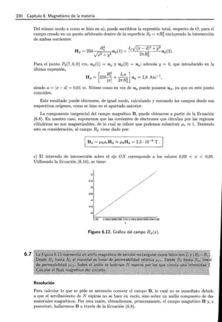 230 Capítulo 6. Magnetismo de la materia
6.7
Del mismo modo a como se hizo en a), puede escribirse la expresión total, respecto de O, para el
campo creado en un punto arbitrario dentro de la superficie 82 = 1rR~ excluyendo la intersección
de ambas corrientes:
H = 250 Rf u (1) + IcJ(x- d)2 + y
2
u (2).
q, Jx2 + y2 q, 21rR§ q,
Para el punto P2 (7, O, O) cm, uq,(1) = uy y uq,(2) = uy; además y = O, que introducido en la
última expresión,
[
Rf f ea ] -1
Hq, = 250¡;¡ + 2 1rR~ Uy = 1,8 Am ,
siendo a= lx-di = 0,01 m. Nótese como en vez de Uy puede ponerse uq,, ya que en este punto
coinciden.
Este resultado puede obtenerse, de igual modo, calculando y sumando los campos desde sus
respectivos orígenes, como se hizo en el apartado anterior.
La componente tangencial del campo magnético B , puede obtenerse a partir de la Ecuación
(6.8). En nuestro caso, suponemos que las corrientes de electrones que circulan por las regiones
cilíndricas no son magnetizables, de lo cual se infiere que podemos substituir Jl.r ~ l. Teniendo
esto es consideración, el campo Bq, viene dado por:
e) El intervalo de intersección sobre el eje OX corresponde a los valores 0,03 < x < 0,05.
Utilizando la Ecuación (6.16), se tiene:
Resolución
-2
·2.5
-3.5
-4.5
//;_,"'····
/~ ~""
-5 .,//
-4
--·
·'
~"'
,.,,.P··
~- ·/ _ ,../
_,.
../
0.03 0.0340.0300.038 0,04 O.Oli20.0440.04Éi0.048 0.05
Figura 6.12. Gráfica del campo Hq,(x).
Para calcular lo que se pide es necesario conocer el campo B , lo cual no es inmediato debidc.
a que el arrollamiento de N espiras no se hace en vacío, sino sobre un anillo compuesto de do~
materiales magnéticos. Por esta razón, obtendremos, primeramente, el campo magnético H y, a
posteriori, hallaremos B a través de la Ecuación (6.8).
 