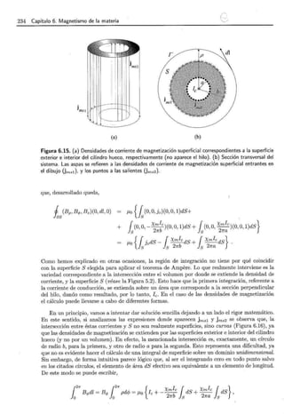 234 Capítulo 6. Magnetismo de la materia
(a) (b)
Figura 6.15. (a) Densidades de corriente de magnetización superficial correspondientes a la superficie
exterior e interior del cilindro hueco, respectivamente (no aparece el hilo). (b) Sección transversal del
sistema. Las aspas se refieren a las densidades de corriente de magnetización superficial entrantes en
el dibujo Omsd. y los puntos a las salientes Oms2).
que, desarrollado queda,
f.Lo { ls(0, 0, Je) (0, 0, 1)dS+
+ 1( Xmfe)( ) 1 Xrnfe }
O, O, - -
2
b O, O, 1 dS + (0, O, --)(0, O, 1)dS
S 7r S 27ra
/-Lo { ( JedS - ( Xmle dS + ( Xmle dS} .
Js Js 21rb Js 21ra
Como hemos explicado en otras ocasiones, la región de integración no tiene por qué coincidir
con la superficie S elegida para aplicar el teorema de Ampere. Lo que realmente interviene es la
variedad correspondiente a la intersección entre el volumen por donde se extiende la densidad de
corriente, y la superficie S (véase la Figura 5.2). Esto hace que la primera integración, referente a
la corriente de conducción, se extienda sobre un área que corresponde a la sección perpendicular
del hilo, dando como resultado, por lo tanto, Ie. En el caso de las densidades de magnetización
el cálculo puede llevarse a cabo de diferentes formas.
En un principio, vamos a intentar dar solución sencilla dejando a un lado el rigor matemático.
En este sentido, si analizamos las expresiones donde aparecen jrnsl y jms2 se observa que, la
intersección entre éstas corrientes y S no son realmente superficies, sino curvas (Figura 6.16), ya
que las densidades de magnetización se extienden por las superficies exterior e interior del cilindro
hueco (y no por un volumen). En efecto, la mencionada intersección es, exactamente, un círculo
de radio b, para la primera, y otro de radio a para la segunda. Esto representa una dificultad, ya
que no es evidente hacer el cálculo de una integral de superficie sobre un dominio unidimensional.
Sin embargo, de forma intuitiva parece lógico que, al ser el integrando cero en todo punto salvo
en los citados círculos, el elemento de área dS efectivo sea equivalente a un elemento de longitud.
De este modo se puede escribir,
¡27r ¡21r { ¡ 1 ¡ 1 }
Xm e Xrn e
Bcpdl = Bcp pdc/J = f.Lo Ie + - --b dS + -- dS ,
O O 27r S 27ra S
 