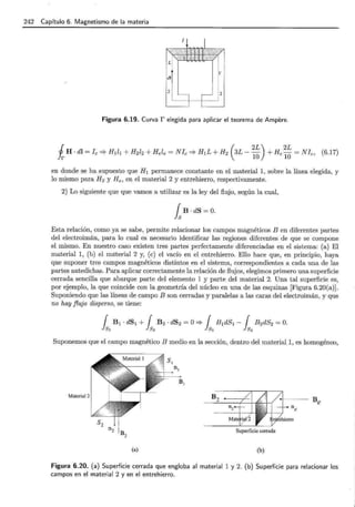 242 Capítulo 6. Magnetismo de la materia
Figura 6.19. Curva r elegida para aplicar el teorema de Ampere.
en donde se ha supuesto que H 1 permanece constante en el material 1, sobre la línea elegida, y
lo mismo para H 2 y He, en el material 2 y entrehierro, respectivamente.
2) Lo siguiente que que vamos a utilizar es la ley del flujo, según la cual,
1sB. dS =O.
Esta relación, como ya se sabe, permite relacionar los campos magnéticos B en diferentes partes
del electroimán, para lo cual es necesario identificar las regiones diferentes de que se compone
el mismo. En nuestro caso existen tres partes perfectamente diferenciadas en el sistema: (a) El
material 1, (b) el m;:tterial 2 y, (e) el vacío en el entrehierro. Ello hace que, en principio, haya
que suponer tres campos magnéticos distintos en el sistema, correspondientes a cada una de las
partes antedichas. Para aplicar correctamente la relación de flujos, elegimos primero una superficie
cerrada sencilla que abarque parte del elemento 1 y parte del material 2. Una tal superficie es,
por ejemplo, la que coincide con la geometría del núcleo en una de las esquinas [Figura 6.20(a)].
Suponiendo que las líneas de campo B son cerradas y paralelas a las caras del electroimán, y que
no hay flujo disperso, se tiene:
Suponemos que el campo magnético B medio en la sección, dentro del material!, es homogéneo,
Superficie cerrada
(a) (b)
Figura 6.20. (a) Superficie cerrada que engloba al material 1 y 2. (b) Superficie para relacionar los
campos en el material 2 y en el entrehierro.
 