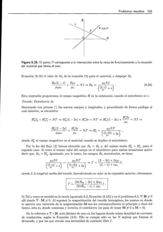 Problemas resueltos 249
B
r
B = ~ o ~rH
---- ----~~-- -- --~H
Figura 6.26. El punto P corresponde a la intersección entre la recta de funcionamiento y la ecuación
del material que forma el toro.
Ecuación (6.19) el valor de Hh de la ecuación (3) para el material, y despejar Bh
Bh(L _ e) + Bhe = NI:::} Bh =
/-LO/-Lr /-LO
(6.20)
Esta expresión proporciona el campo magnético B en la substancia cuando el entrehierro es e.
Toroide: Entrehierro 2e
Denotando con primas (') los nuevos campos y longitudes, y procediendo de forma análoga al
caso ánterior, se encuentra:
H ~l~ + H ~l~ =NI':::} H~(L- 2e) + H ~2e =NI':::} H~(L- 2e) + B~ 2
e =NI:::}
/-LO
B~(L-2e) B~2e_NI' B'- J.LoNI'
+-- :::} h-( )'
/-LO/-Lr /-LO (L:r2e) + 2e
siendo B~ el campo magnético en el material cuando se duplica el entrehierro.
Por la ley del flujo (2) hemos obtenido que Bh = Be y, del mismo modo B~ = B~, para el
segundo caso. Al tener el mismo valor del campo en el entrehierro para ambas situaciones quiere
decir que, Bh = B~. Igualando, por lo tanto, los campos Bh encontrados, se tiene:
J.LoNI = J.LoNI' :::}
1
, = (L- 2e) + 2ef-Lr
1
( (L IL~ e) + e) ( (L: r2e) + 2e) (L- e)+ ef-Lr '
siendo L la longitud media del toroide. Introduciendo su valor en la expresión anterior, obtenemos:
1 (27rRm- 2e) + 2ef-Lr ¡
1 - .
- (27rRm- e) + ef-Lr
b) Tal y como se estudió en la teoría [apartado 6.3, Ecuación (6.10)] y en el problema 6.3, V ·H =f:. O
allí donde V · M =f:. O. Al suponer la magnetización del toroide homogénea, los puntos en donde
se aprecia una variación de la magnetización M son los correspondientes al principio y final del
hierro, esto es, donde comienza y termina el entrehierro (se pasa de tener M =f:. Oa M= 0).
En lo referente a V x H , será distinto de cero en los lugares donde exista densidad de corriente
de conducción, según la Ecuación (6.9). Ello se cumple sólo en las N espiras que forman el
devanado, y por las que circula una intensidad de corriente libre J.
 