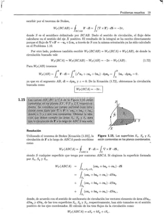 r
1.15
Problemas resueltos 19
escribir por el teorema de Stokes,
wF(BcAB) = 1 F . di= r(7 x F). ds = -2?T,
JBCAB ls
donde S es el semidisco delimitado por BCAB. Dado el sentido de circulación, el flujo debe
calcularse en el sentido del eje X positivo. El resultado de la integral se ha escrito directamente
porque el flujo de V' x F = -ux +2zuz a través de S con la misma orientación ya ha sido calculado
en el Problema 1.10.
Por otro lado, podemos también escribir Wp(BCAB) = Wp(BCA) + Wp(AB), de donde la
circulación buscada vale
Wp(BCA) = Wp(BCAB)- Wp(AB) = -21r- Wp(AB). (l.72)
Para Wp(AB) tenemos
Wp(AB) = ¡B F · di= ¡ B(z2
ux + zuy + 5uz) · dyuy = ¡B 5Uz · dyuy =O.
ya que en el segmento AB, di= dyuy y z =O. De la Ecuación (1.72), obtenemos la circulación
buscada como
Wp(BCA) = -2?T.
Resolución
Utilizando el teorema de Stokes [Ecuación (1.23)], la
circulación de F a lo largo de ABCA puede escribirse
como
Figura 1.15. Las superficies Sx, Sy y Sz
están contenidas en los planos coordenados.
Wp(ABCA) = 1 F. di= rV' x F. ds,
JABCA ls
siendo S cualquier superficie que tenga por contorno ABCA. Si elegimos la superficie formada
por Sx, Sy y Sz,
Wp(ABCA) = r (aux + buy + C
Uz). dS
Jsx+Sy+Sz
1(aux + buy + CUz) · dSux
Sx
+ 1(aux + buy + cuz) · dSuy
S y
+ 1(aux + buy + cuz) · dSuz,
Sz
donde, de acuerdo con el sentido de antihorario de circulación los vectores elemento de área dSux,
dSuy y dSuz de las tres superficies Sx, Sy y Sz, respectivamente, han sido tomados en el sentido
positivo de los ejes coordenados. El cálculo de los tres flujos da la circulación como
Wp(ABCA) = aSx + bSy +cSz.
 