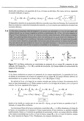 7.3
Problemas resueltos 273
donde sólo contribuye a la aparición de f.e.m. el tramo oa del disco. Por tanto, la f.e.m. siguiendo
el sentido indicado es igual a
1 1 ¡R p21R ~BR2
E= (v x B) · dl = (wpB up) · (dp up) = wBp dp = wB- =? E=--.
oa oa O 2 o 2
El dispositivo descrito es un generador eléctrico conocido como disco de Faraday. Si el material del
disco es conductor y entre los terminales de conexión, a y b, se conecta una resistencia circulará una
corriente eléctrica.
y, b b b
y
• • • • • • • •
E.f~
di
• • • • V
• • • .L V ¡ V
• • • • • • • • Ens=v X B
1
. Ens=vxB
(a) a X
(b) a· X (e) a
Figura 7.7. (a) Barra conductora en movimiento en presencia de un campo B y esquema de ejes
utilizado. (b) Campo Ens = (v x B) y sentido de circulación. (e) Campo debido a la acumulación de
cargas en los extremos.
Resolución
1) La barra conductora se mueve en presencia de un campo estacionario, la aparición de f.e.m.
es debida al movimiento de la barra en presencia de un campo B. El campo eléctrico efectivo no
electrostático en un punto de la barra es Ens = (v x B) [Figura 7.7(b)].
Se calcula la f.e.m. a lo largo de un camino cerrado que incluya la barra. Los extremos de la
barra se han denominado a y b. Dicho camino va de b a a a lo largo de la barra y de a a b por el
exterior. La f.e.m. siguiendo di es igual a
'E 1 Ee¡. di= 1 Ens. di= r (v X B). di= r (v X B). di
hab hab }bab }ba(barra)
¡a (vuxxBuz)·(dyuy)= ¡a (-vBuy)·(dyuy)=j
0
(-vB)dy=?
}b(barra) }b(barra) L
1 E= vBL, 1
donde se ha tenido en cuenta que en ese caso di = dy uy, ya que la barra es paralela al eje Y.
Además, el campo B es uniforme.
Los electrones libres de la barra conductora, sometidos a Ens = v x B se desplazan a lo largo de
la barra y se acumulan en el extremo b. Como consecuencia, el otro extremo, a, quedará cargado
positivamente. Entre a y b existirá un gradiente de potencial, es decir, un campo eléctrico debido
a las cargas acumuladas que va de a a b por la barra, campo Ei, y de a a b por el exterior, campo
Ee, como muestra la Figura 7.7(c). Finalmente, los campos obtenidos son:
 