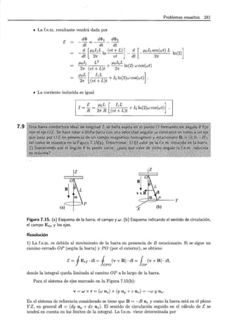 7.9
Problemas resueltos 281
• La f.e.m. resultante vendrá dada por
E
d1> d1>1 d1>2
di=---;¡¡- dt
_.:!_ [f.lohLln (vt+L)] _ .:!_ [-flolosen(wt) L ln(2)]
dt 27r vt dt 27r
f.loh L 2
f.loloL
2 ( L)
+ -
2
-ln(2) w cos(wt)
1r vt + t 1r
floL [ l1L ]
- ( L) +l0 ln(2)wcos(wt) .
21r vt + t
• La corriente inducida es igual
¡ = ~ _ f.loL [ l¡L
R- 27rR (vt+L)t +loln(2)wcos(wt)]
81
;.¡nc
;·-·:::V y
(a):::::·.::::::r::::::::J p
X (b)
Figura 7.15. (a) Esquema de la barra, el campo y w. (b) Esquema indicando el sentido de circulación,
el campo Ens y los ejes.
Resolución
1) La f.e.m. es debida al movirrúento de la barra en presencia de B estacionario. Si se sigue un
camino cerrado OP (según la barra) y PO (por el exterior), se obtiene
E= fEe¡- dl = j (v x B) · dl = { (v x B) · dl,
JoPo loP
donde la integral queda limitada al camino OP a lo largo de la barra.
Para el sistema de ejes marcado en la Figura 7.15(b):
V= W X r = (w Uz) X (y Uy + Z Uz) = -W y U x.
En el sistema de referencia considerado se tiene que B = - B U z y como la barra está en el plano
YZ , en general dl = (dy uy + dz Uz). El sentido de circulación seguido en el cálculo de E se
tendrá en cuenta en los límites de la integral. La f.e.m. viene determinada por
 