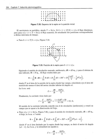 284 Capítulo 7. Inducción electromagnética
• • • • • • • • • • • •
• • • • • • • •
• • • • • • • • • • • •
• • .-~~. • •
• • • • • • • • • •
Figura 7.18. Esquema de la espira en la posición inicial.
El movimiento es periódico, siendo T = 21rjw. Si O < t < (T/2) = 1rjw el flujo disminuye,
pero para 1rjw < t < T = 27rjw el flujo aumenta. Se estudiarán dos posiciones correspondientes
a dichos intervalos de tiempo.
• Para O< t < T/2 = 1rjw, Figura 7.19:
y
• • • • • • • • • • • •
Figura 7.19. Posición de la espira para O< t < 1rjw.
Siguiendo el sentido de circulación marcado, antihorario, dS = dS Uz, y para el sistema de
ejes indicado, B = B Uz . El flujo vendrá dado por
<l> = lsB · dS = lsB dS = B lsdS = BS' = B ( 7r~
2
- ~ D
2
wt) ,
donde S' es el área de la porción de la espira donde hay campo, coincidente con el área del
semicírculo menos el área del sector circular inferior de ángulo wt.
La f.e.m. será
Finalmente, la corriente viene dado por
I = !:.._ = BD
2
w = 1 x 0,40
2
x 50 = 0 1 A.
R 8R 8 X 10 '
El sentido de la corriente inducida coincide con el de circulación (antihorario) y creará un
campo que se opone a la disminución del flujo.
• Para 1rjw < t < 21rjw, Figura 7.20, y para el sentido de circulación marcado, dS -= dS Uz,
el flujo, la f.e.m. e I serán:
donde S' es el área limitado por la espira donde hay campo, es decir el sector de ángulo
(wt- 1r). La f.e.m. y la intensidad son iguales a
 
