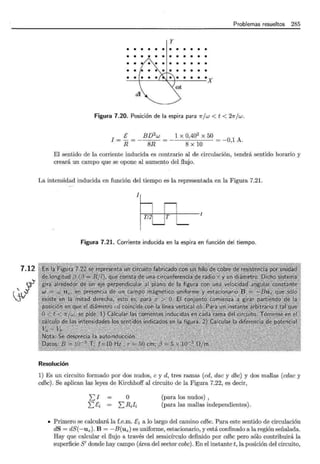 7.12
,f
jV
Problemas resueltos 285
y
• • • • • • 1 • • • • • •
• • • • • • 1 • • • • • •
• • •
• • • •
~X
Figura 7.20. Posición de la espira para 1rjw < t < 21rjw.
I = !__ = _ BD
2
w =
R 8R
1 X 0,40
2
X 50 = -0,1 A.
8 X 10
El sentido de la corriente inducida es contrario al de circulación, tendrá sentido horario y
creará un campo que se opone al aumento del flujo.
La intensidad inducida en función del tiempo es la representada en la Figura 7.21.
1
~
Tl2j !T '----
Figura 7.21. Corriente inducida en la espira en función del tiempo.
Resolución
1) Es un circuito formado por dos nudos, e y d, tres ramas (cd, dac y dbc) y dos mallas (cdac y
cdbc). Se aplican las leyes de Kirchhoff al circuito de la Figura 7.22, es decir,
'LJ
I;Ei
o
I;RJi
(para los nudos) ,
(para las mallas independientes).
• Primero se calculará la f.e.m. [ 1 a lo largo del camino cdbc. Para este sentido de circulación
dS = dS(-uz)· B = - B(uz) es uniforme, estacionario, y está confinado a la región señalada.
Hay que calcular el flujo a través del semicírculo definido por cdbc pero sólo contribuirá la
superficie S' donde hay campo (área del sector cabe). En el instante t, la posición del circuito,
 