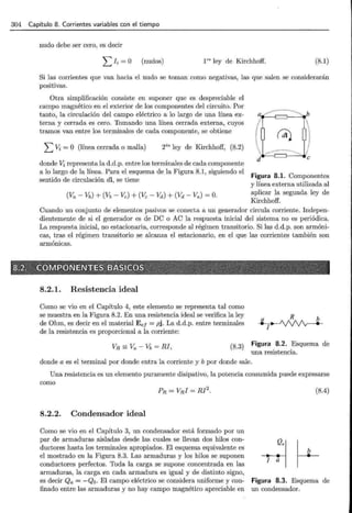 304 Capítulo 8. Corrientes variables con el tiempo
nudo debe ser cero, es decir
LI; =O (nudos) 1ca ley de Kirchhoff. (8.1)
Si las corrientes que van hacia el nudo se toman como negativas, las que salen se considerarán
positivas.
Otra simplificación consiste en suponer que es despreciable el
campo magnético en el exterior de los componentes del circuito. Por
tanto, la circulación del campo eléctrico a lo largo de una línea ex-
terna y cerrada es cero. Tomando una línea cerrada externa, cuyos
tramos van entre los terminales de cada componente, se obtiene
L Vi = O (línea cerrada o malla) 2da ley de Kirchhoff, (8.2)
donde Vi representa la d.d.p. entre los terminales de cada componente
a lo largo de la línea. Para el esquema de la Figura 8.1, siguiendo el
sentido de circulación di, se tiene
Figura 8.1. Componentes
y línea externa utilizada al
aplicar la segunda ley de
Kirchhoff.
Cuando un conjunto de elementos pasivos se conecta a un generador circula corriente. Indepen-
dientemente de si el generador es de DC o AC la respuesta inicial del sistema no es periódica.
La respuesta inicial, no estacionaría, corresponde al régimen transitorio. Sí las d.d.p. son armóni-
cas, tras el régimen transitorio se alcanza el estacionario, en el que las corrientes también son
armónicas.
8.2.1. Resistencia ideal
Como se vio en el Capítulo 4, este elemento se representa tal como
se muestra en la Figura 8.2. En una resistencia ideal se verifica la ley
de Ohm, es decir en el material Ee¡ = pj. La d.d.p. entre terminales
de la resistencia es proporcional a la corriente:
(8.3)
a R b
~
Figura 8.2. Esquema de
una resistencia.
donde a es el terminal por donde entra la corriente y b por donde sale.
Una resistencia es un elemento puramente disipativo, la potencia consumida puede expresarse
como
(8.4)
8.2.2. Condensador ideal
Como se vio en el Capítulo 3, un condensador está formado por un
par de armaduras aisladas desde las cuales se llevan dos hilos con- ¡• a~·~ ~
ductores hasta los terminales apropiados. El esquema equivalente es
el mostrado en la Figura 8.3. Las armaduras y los hilos se suponen
conductores perfectos. Toda la carga se supone concentrada en las
armaduras, la carga en cada armadura es igual y de distinto signo,
es decir Qa = -Qb. El campo eléctrico se considera uniforme y con- Figura 8.3. Esquema de
finado entre las armaduras y no hay campo magnético apreciable en un condensador.
 