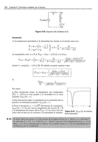 328 Capítulo 8. Corrientes variables con el tiempo
8.15
e
Figura 8.40. Esquema del problema 8.14.
Resolución
1) La impedancia equivalente y la intensidad que circula en el circuito serie son:
La impedancia entre A y Bes ZAB = i [Lw- 1/(Cw)] y la d.d.p.:
- - - . ( 1 ) Va Vo(Lw- 1/Cw) ei"'/2
VAB=ZABI=z Lw-- x = ,
Cw R + i (Lw- JJ JR2 + (Lw -1/Cw)2 ei<í
donde o= arctg[(Lw- 1/Cw)/R]. El módulo se puede expresar como
V = v; = 1 Vo(Lw- 1/Cw) 1
1 AB I OAB JR2 + (Lw - 1/ Cw)2 .
2)
VoAB 1
Vo JR2
j(Lw - 1/Cw)2 + 1
Por tanto:
• Para frecuencias bajas, la impedancia del condensador
IZe 1 = 1/(Cw) es muy grande y la intensidad en la rama
pequeña, VoAB / Va ---4 l .
• Para frecuencias altas, la impedancia en la autoinducción es
grande y la intensidad pequeña, VoAB / Vo ---4 l.
T
u
• Para la frecuencia w = 1/VLC (frecuencia de resonancia),
VoAB / Va ---4 O. En este caso la impedancia del circuito Z = R
y la impedancia del tramo AB es ZAB = O. La d.d.p. del con-
junto está en fase con la corriente y la intensidad es máxima.
Figura 8.41. VOAB/Vo en función
de la frecuencia .
~-
1
i
1
 