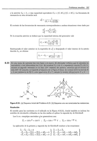 8.23
Problemas resueltos 337
a la anterior L2 = L1 y una capacidad equivalente C2 = (Ci 2Ce)/(Ci + 2Ce). La frecuencia de
resonancia en esta situación será
1
2- e .
w2 - ) e 2
(Li+Le ~
El cociente de las frecuencias de resonancia correspondientes a ambas situaciones viene dado por
wi =
2
Ci +Ce
W~ Ci +2Ce.
De la ecuación anterior se deduce que la capacidad interna del generador vale
Ci = 2C (l - wi/w~)
e ( 2/ 2
wl W2- 2)
Sustituyendo el valor anterior en la expresión de wi y despejando el valor interno de la autoin-
ducción Li, se obtiene
1
Li =-Le- 2C e (w~- wt)
¡~
rv
3 ~ 2
rv rv
r¿ "'-s S
(a) (b)
Figura 8.51. (a) Esquema inicial del Problema 8.23. (b) Esquema una vez conectadas las resistencias.
Resolución
El sentido para las corrientes es el indicado en la Figura 8.51(b), donde también se indican los
sentidos de circulación utilizados en las dos mallas al aplicar la segunda ley de Kirchhoff.
Las f.e.m. complejas asociadas a, los generadores son:
1
t = 110 ei0 = 110 V ; [ 2 = 110 e-i
2
; V ; [ 3 = 110 e - i~ V.
La aplicación de la primera y segunda ley de Kirchhoff conduce a las ecuaciones:
I1-I2-J3=0
-!1 + l2 + zJ1+ zJ2 + RI2 =o
-el+ ! 3+ ziil + zii3+ RI3 =o }
I1 = I2+ J3 }
~1- ~2 = 10~ 1 + 10~ 2 + 50~2
E1- E3 = 10Il + 10h + 50I3
 